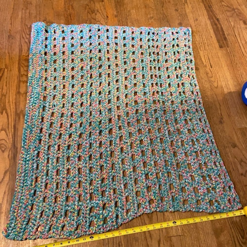 Homemade baby blanket green pink shiny 40x34”‎
